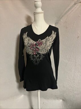 Women's Black V-Neck Long Sleeve Top with Wing Graphic and Pink Floral Detail